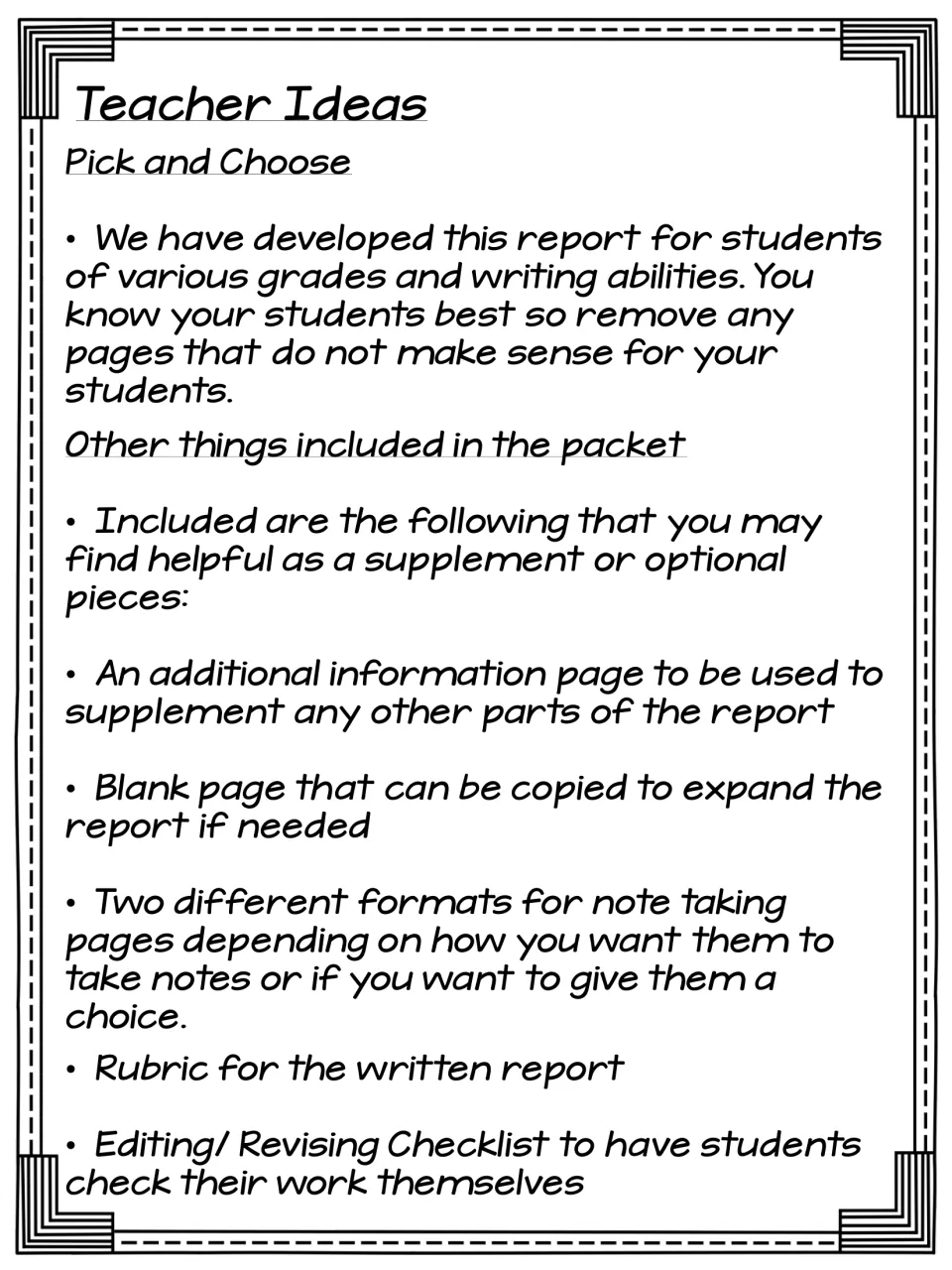 Teacher Ideas, Pick and Choose: notes on removing pages, plus extras: note-taking formats, rubric and editing checklist
