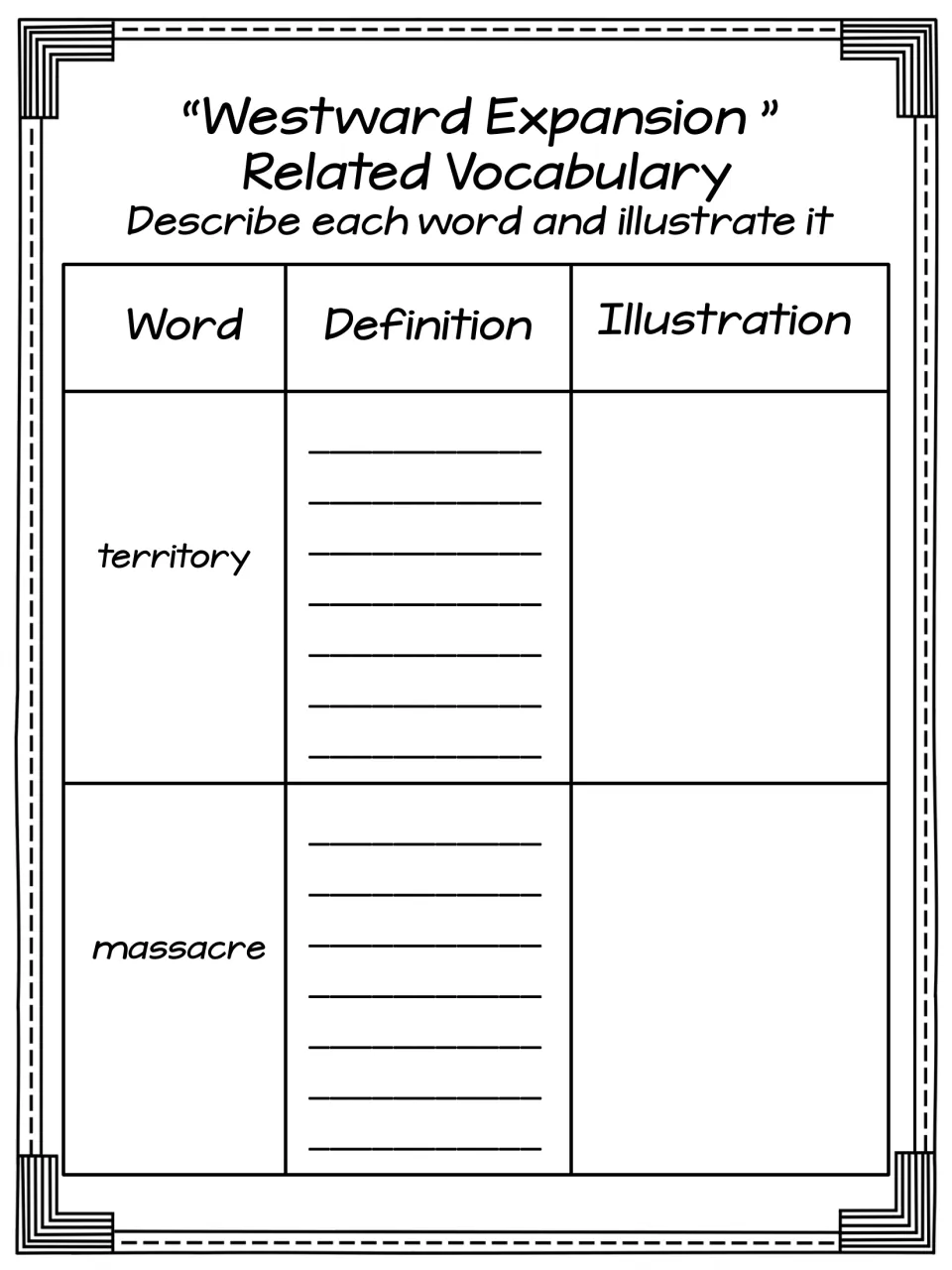Related vocabulary: students describe the words territory and massacre and draw an illustration of each one