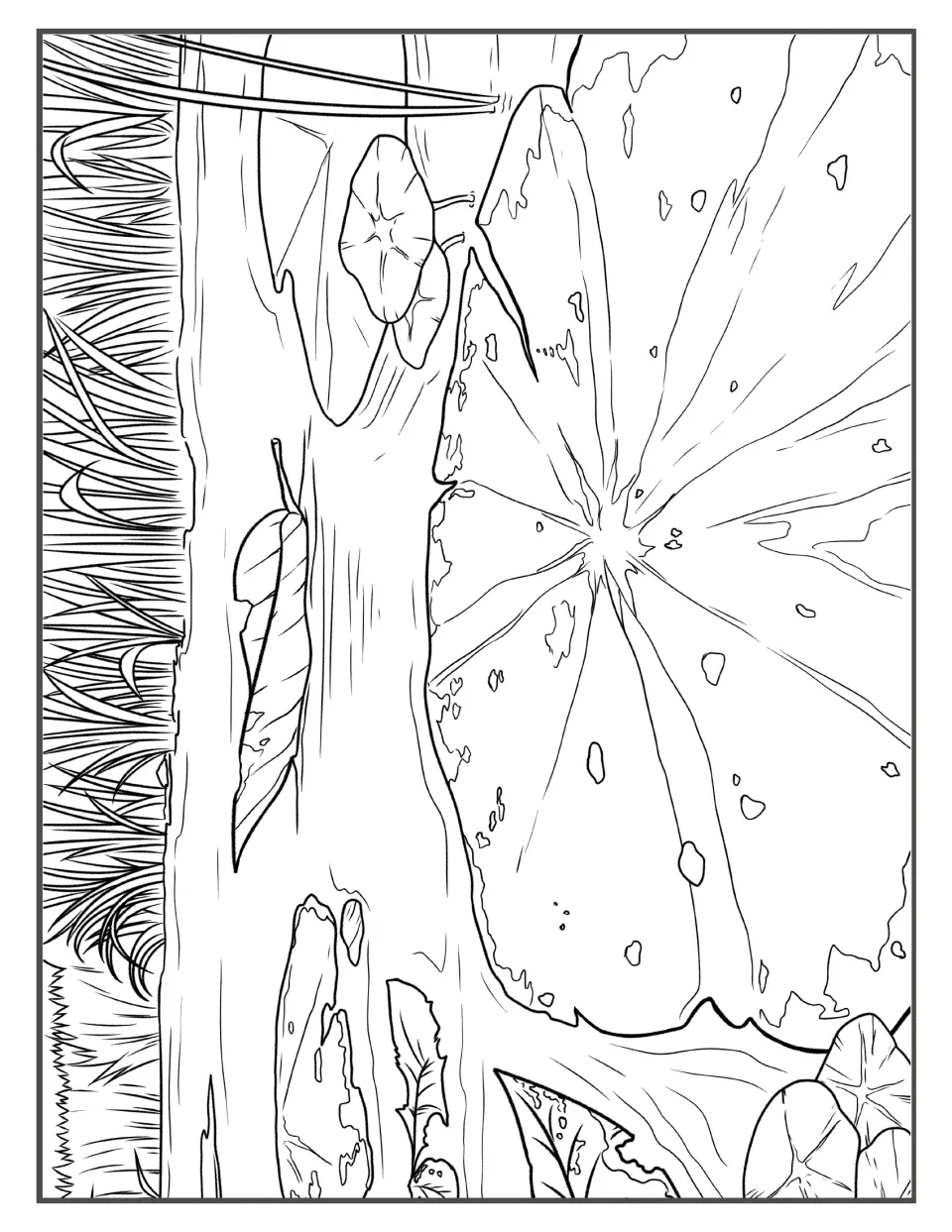 Lily pad close-up: a large floating pad, fallen log, curled leaves and marsh grass drawn in line art for coloring