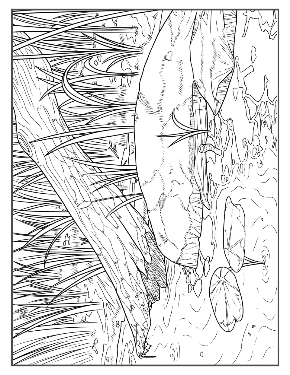 Fallen log among tall reeds at the water's edge, with two lily pads on rippled water, ready for students to color