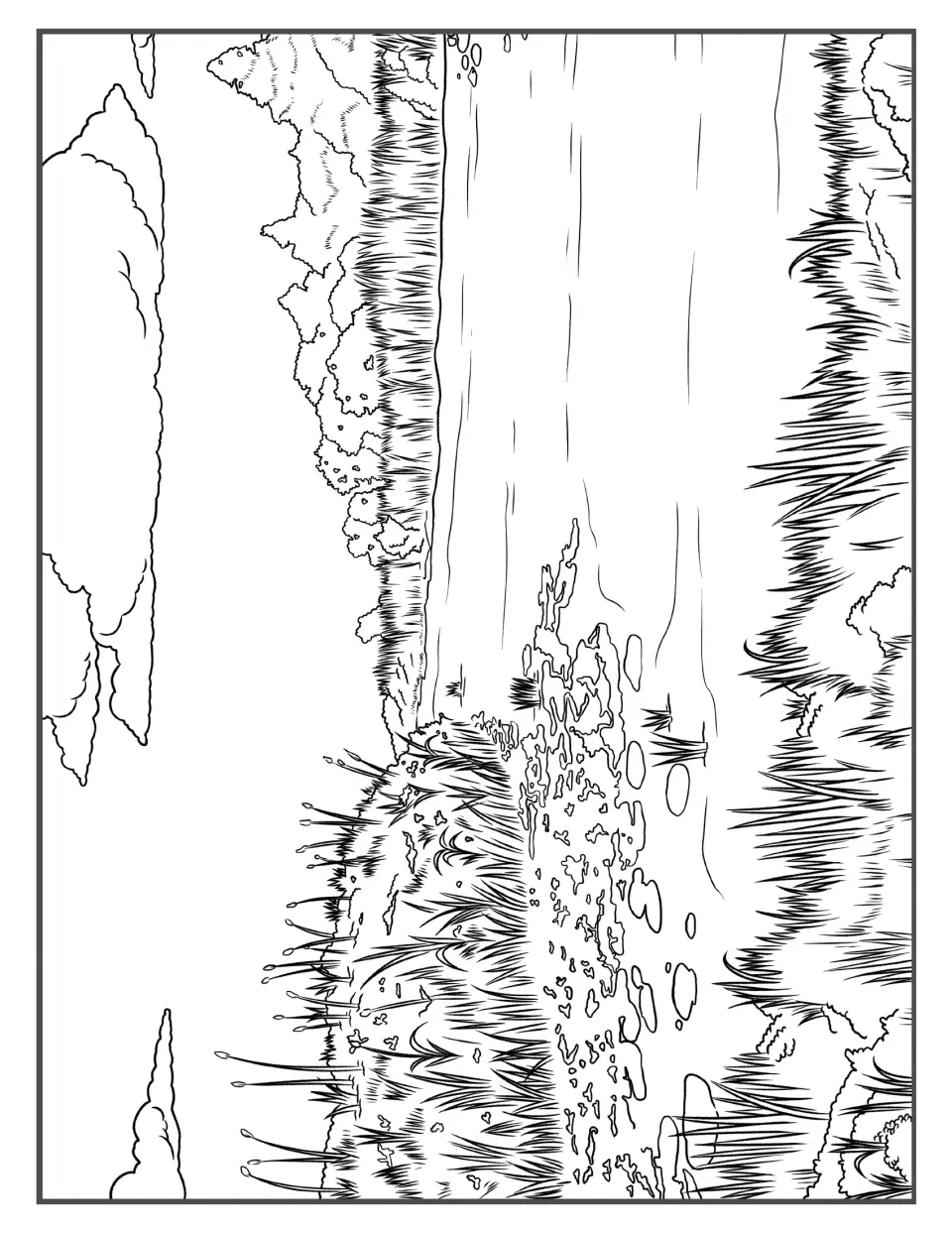 Cattail marsh: a winding channel edged by cattails and reeds under puffy clouds, left uncolored for students