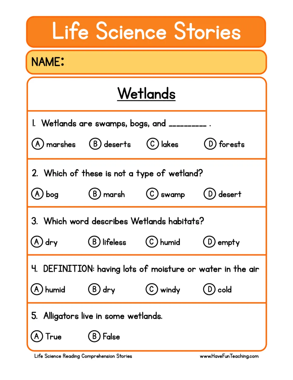 Five comprehension questions about wetland types, humid habitats, the meaning of humid, and alligators.