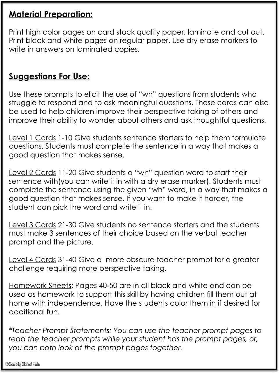 Teacher directions: print, laminate and cut cards, then how to use Level 1 to 4 question cards and black-and-white homework