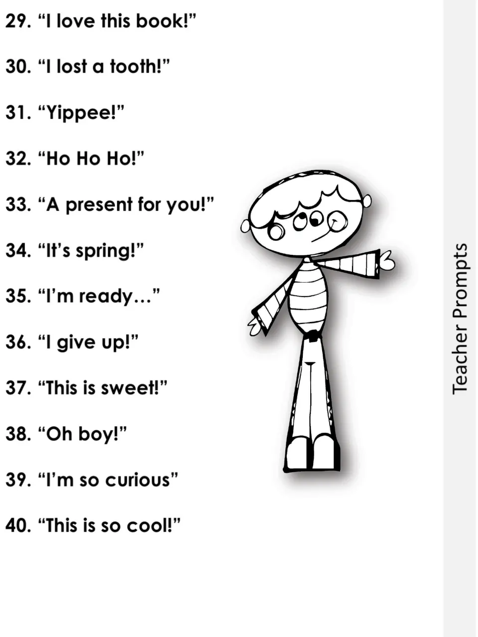Teacher prompt list 29 to 40 with short statements like "Yippee!", "Ho Ho Ho!" and "I give up!" for perspective taking