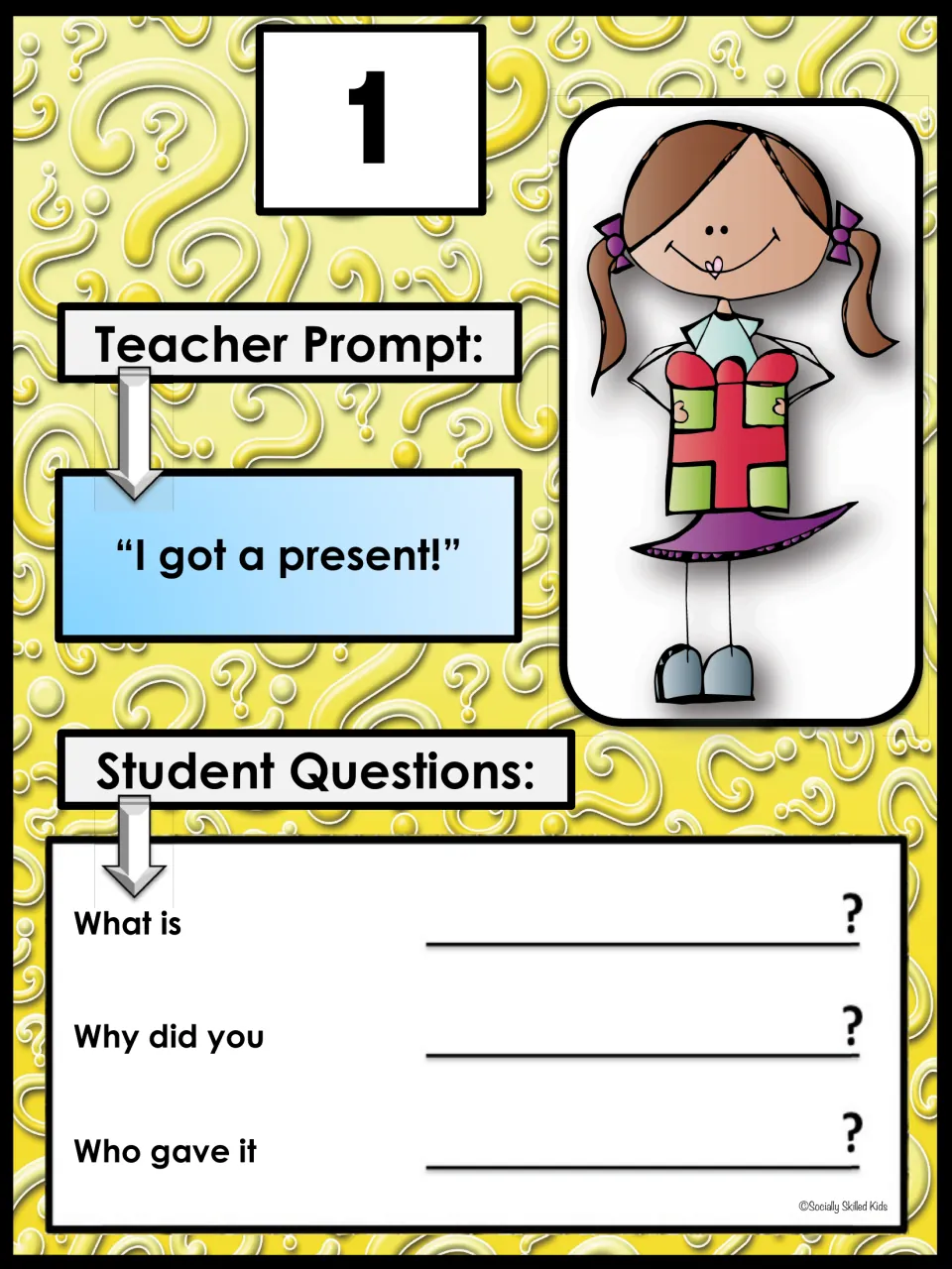 Card 1, "I got a present!": students finish wh questions starting What is, Why did you and Who gave it about a girl's gift