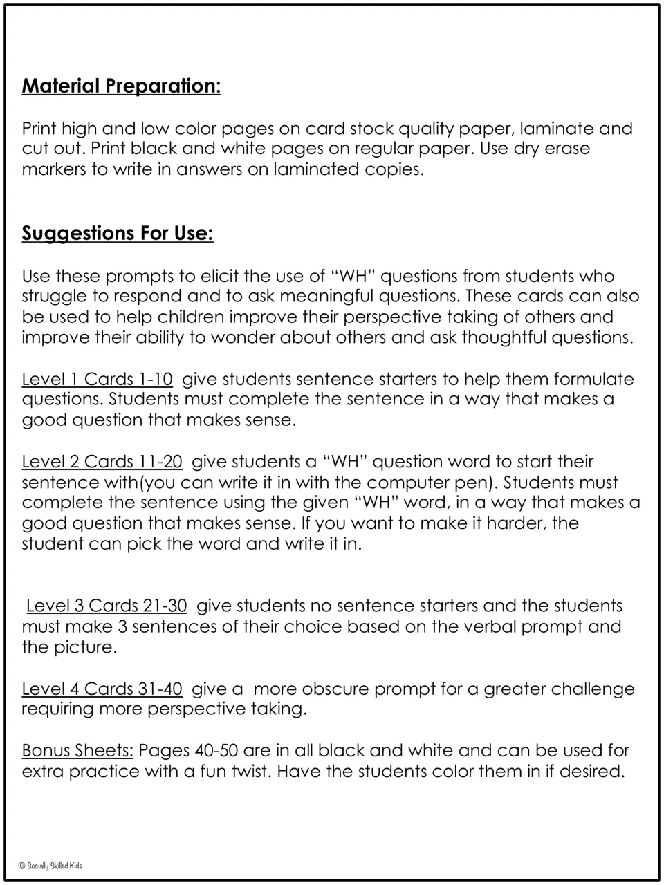 Teacher directions for printing and laminating the cards and using Levels 1 to 4, from sentence starters to open prompts