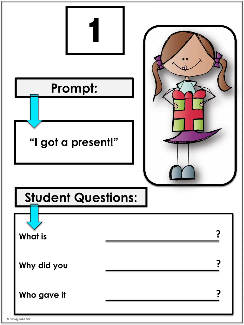 Card 1, "I got a present!": students finish What is, Why did you and Who gave it questions about a girl holding a gift