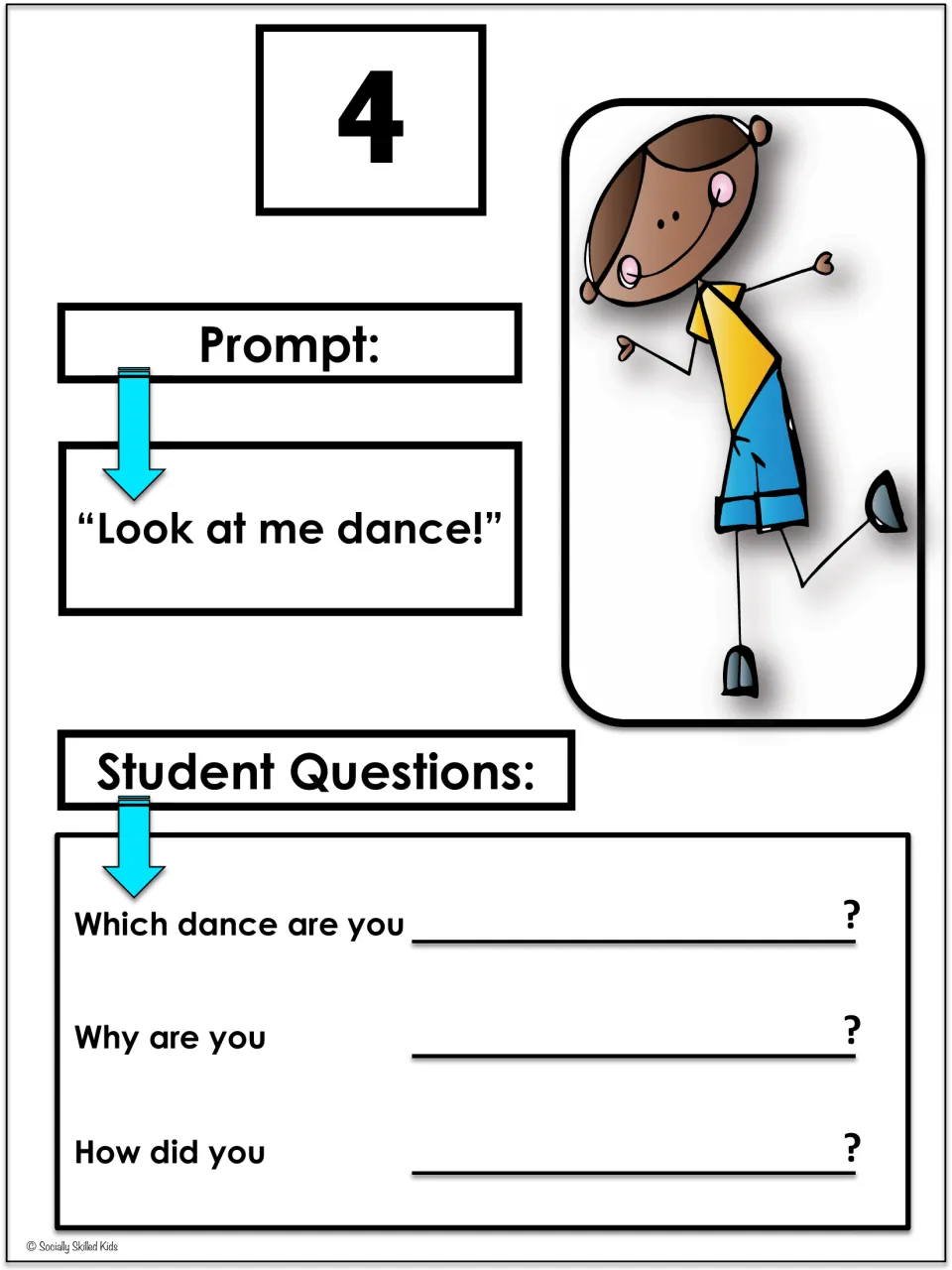 Card 4, "Look at me dance!": students finish Which dance are you, Why are you and How did you for a dancing child