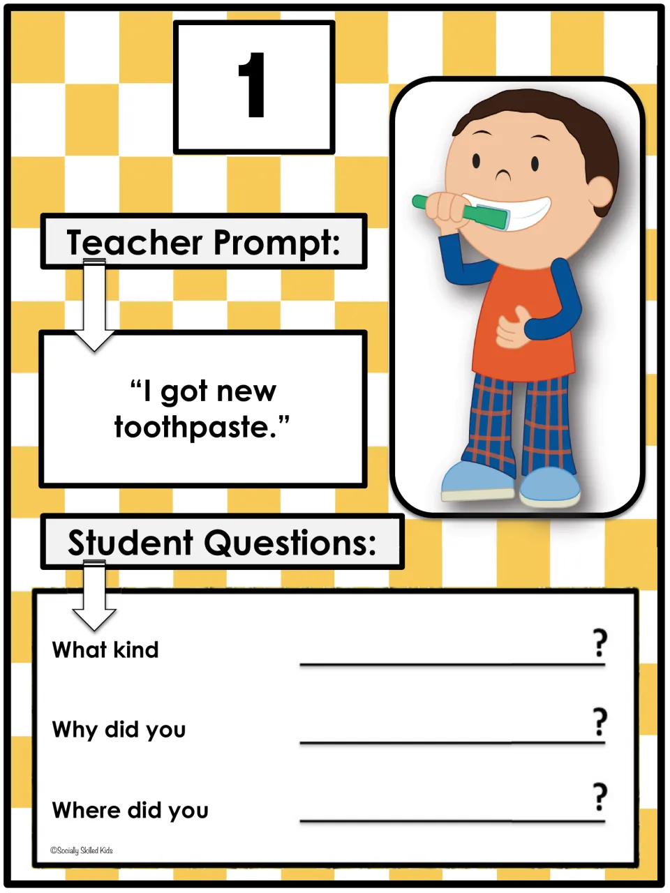 Card 1, "I got new toothpaste": students finish What kind, Why did you and Where did you to ask follow-up questions