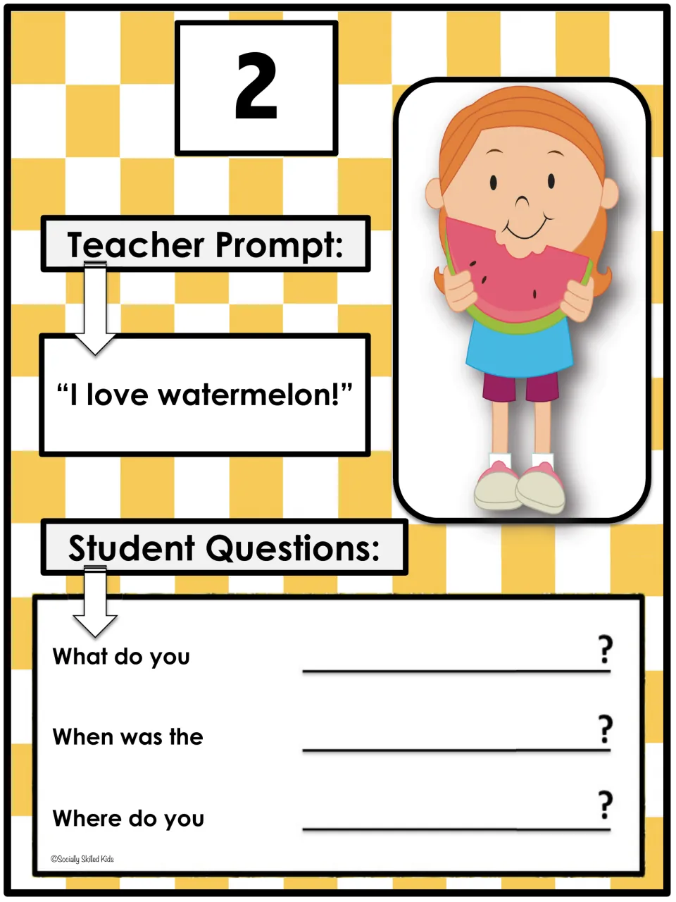 Card 2, "I love watermelon!": students complete What do you, When was the and Where do you as questions for a peer