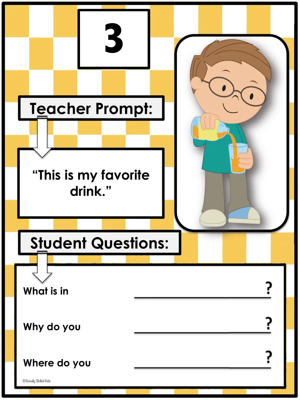 Card 3, "This is my favorite drink": students finish What is in, Why do you and Where do you to form wh-questions