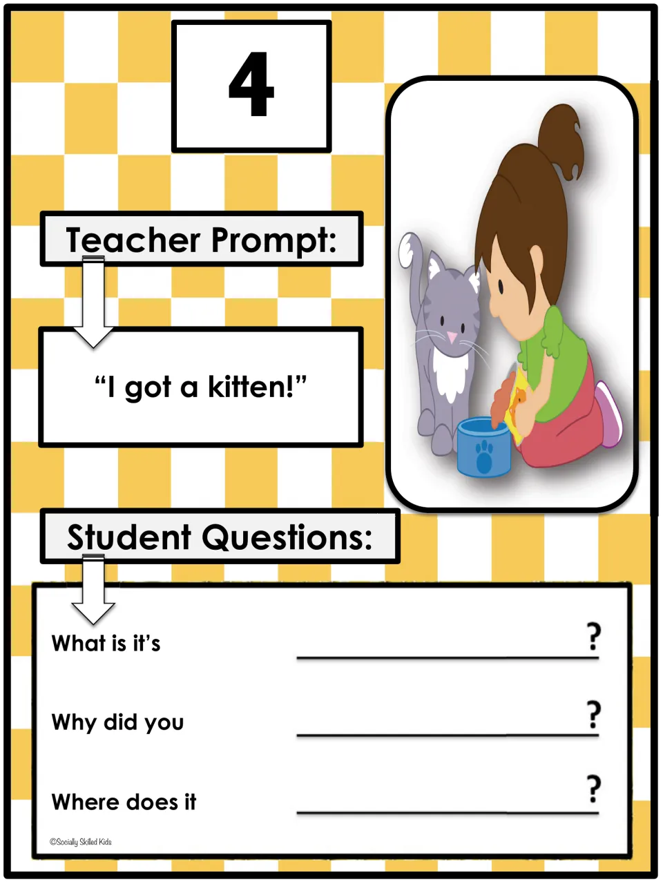 Card 4, "I got a kitten!": students complete What is it's, Why did you and Where does it to ask about a new pet