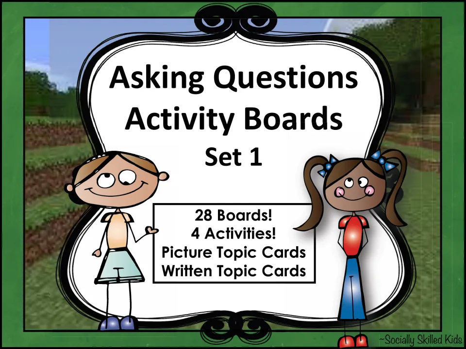 Asking Questions Activity Boards Set 1 cover listing 28 boards, 4 activities, picture topic cards and written topic cards