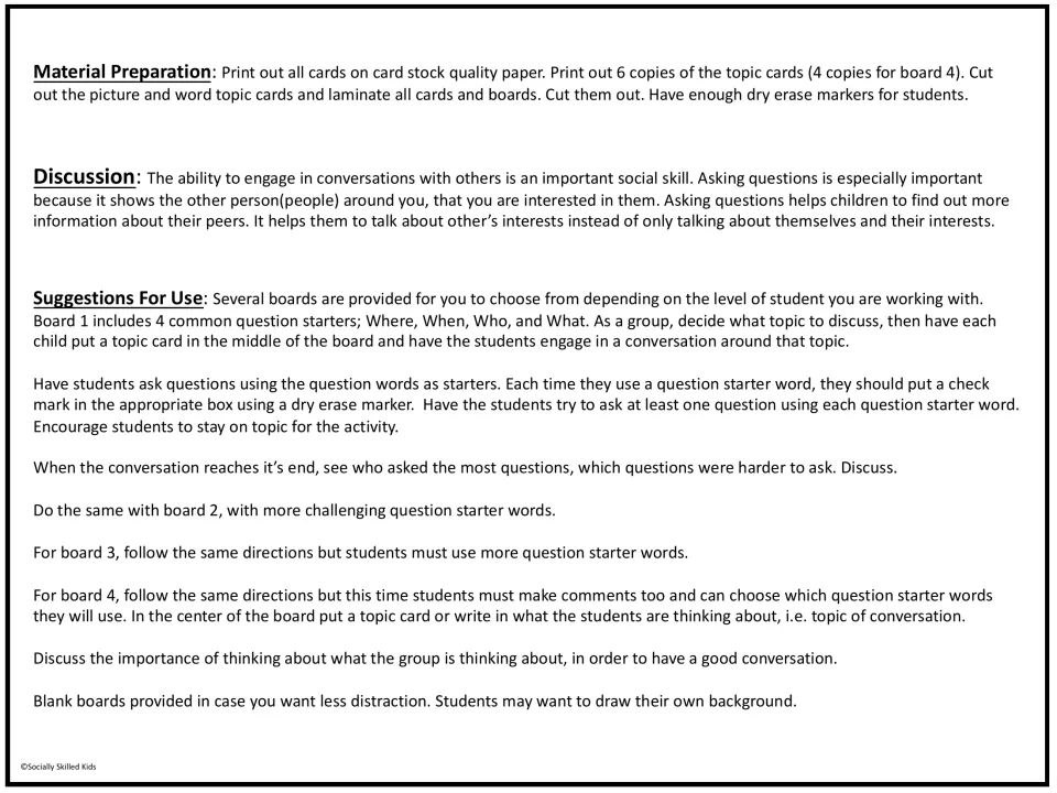 Teacher directions for asking questions: card prep, why questions matter in conversation, and how to use boards 1 to 4
