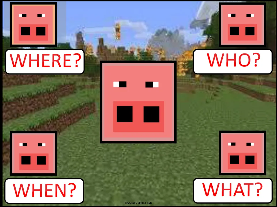 Pink pig-face question board for asking Where, When, Who and What questions about a shared conversation topic card
