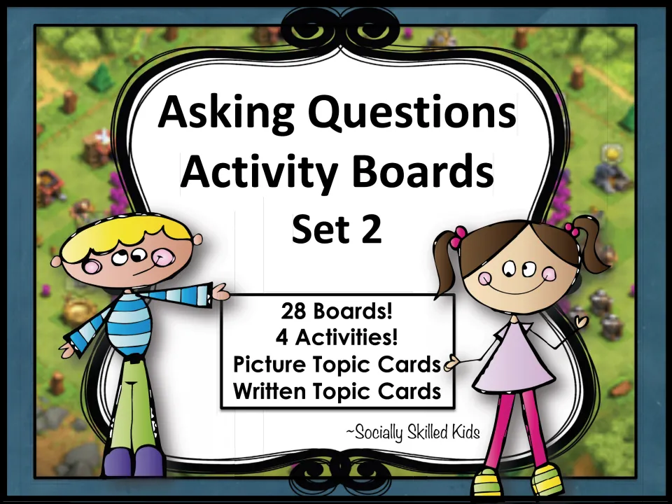 Asking Questions Activity Boards Set 2 cover: 28 boards, 4 activities, picture topic cards and written topic cards