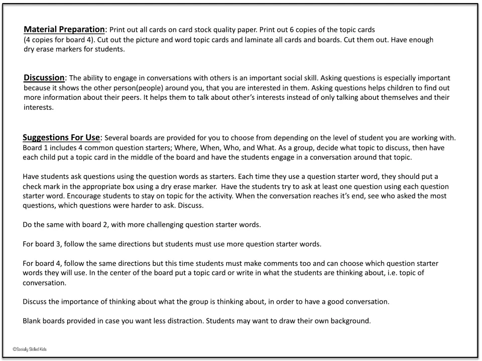 Teacher directions for asking questions: material prep, discussion of why questions matter and how to use boards 1-4