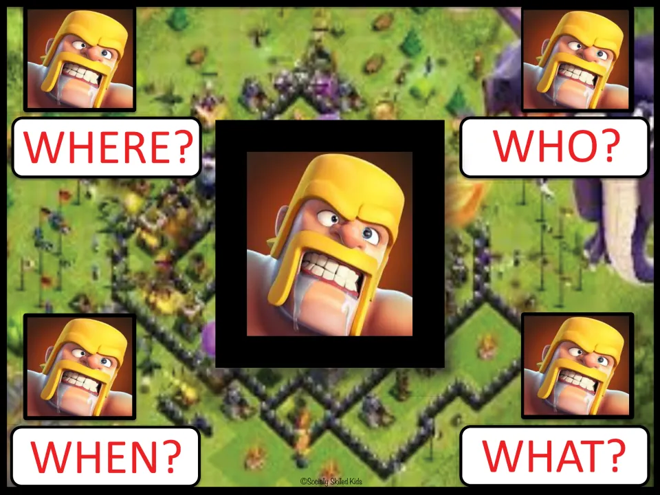 Question starter board with a yelling barbarian in a yellow helmet: students ask Where, Who, When and What questions