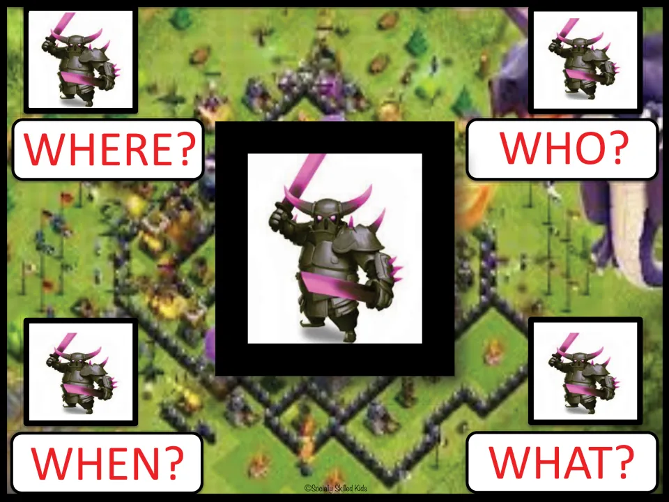Question starter board with an armored knight holding a pink sword: students ask Where, Who, When and What questions