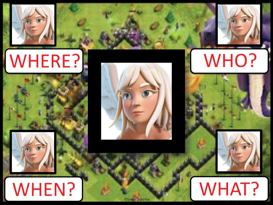 Question starter board with a white-haired winged character: students ask Where, Who, When and What questions about her