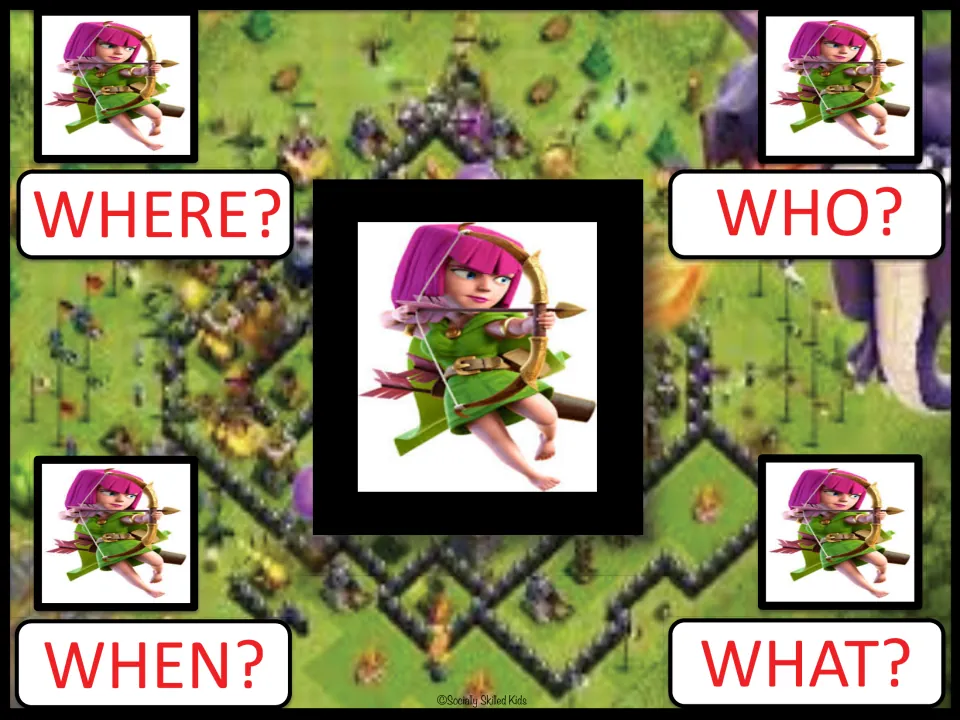 Question starter board with a pink-haired archer drawing a bow: students ask Where, Who, When and What questions