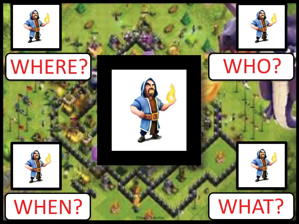 Question starter board with a hooded wizard holding a fireball: students ask Where, Who, When and What questions