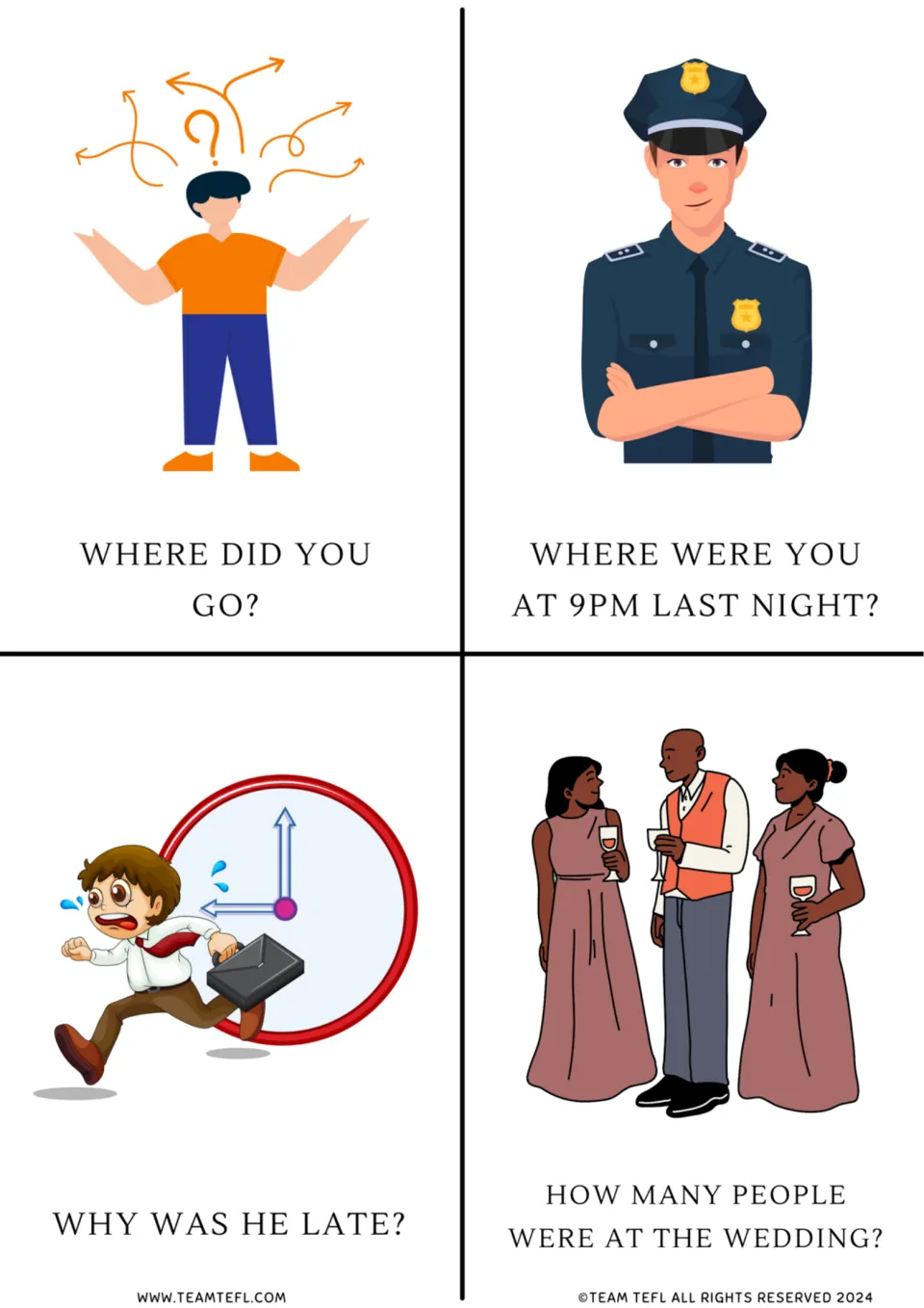 Past tense wh- question cards: Where did you go?, Where were you at 9pm?, Why was he late? and a wedding question