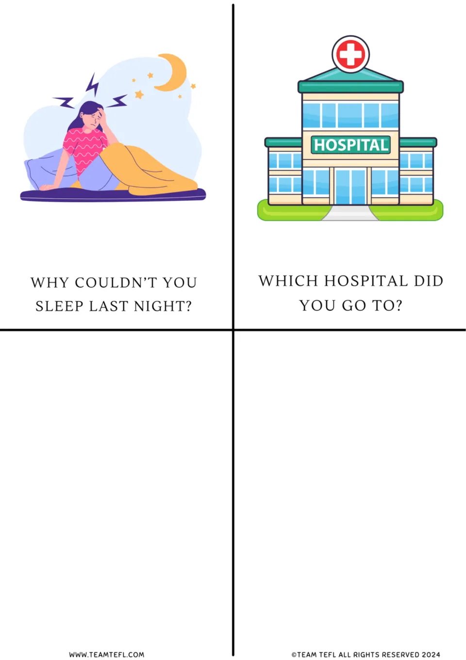 Two past tense question cards: Why couldn't you sleep last night? with a tired woman, and Which hospital did you go to?
