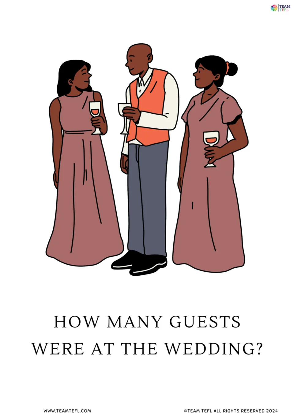 Flashcard of three people holding glasses asking How many guests were at the wedding? to practise how many questions