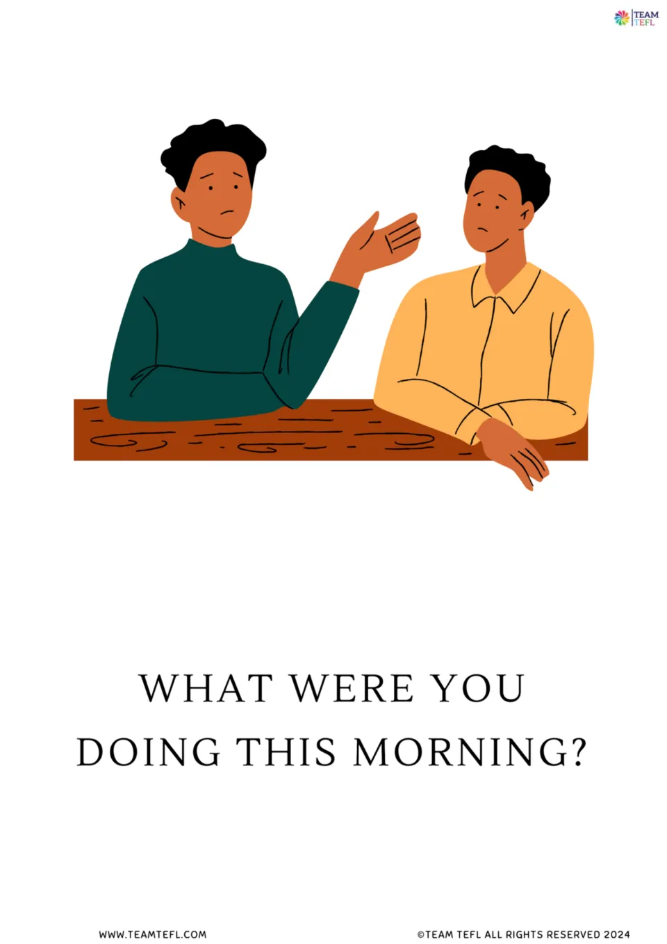 Flashcard: What were you doing this morning? with two men talking at a table, prompting past continuous wh- questions