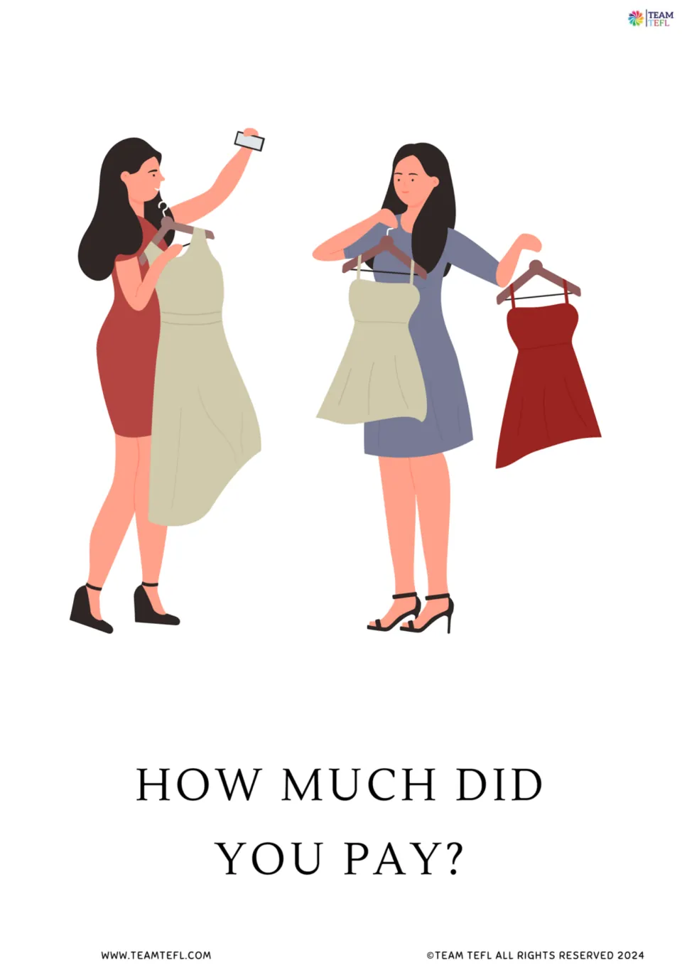 Flashcard of two women shopping for dresses asking How much did you pay? for practising questions about prices in the past