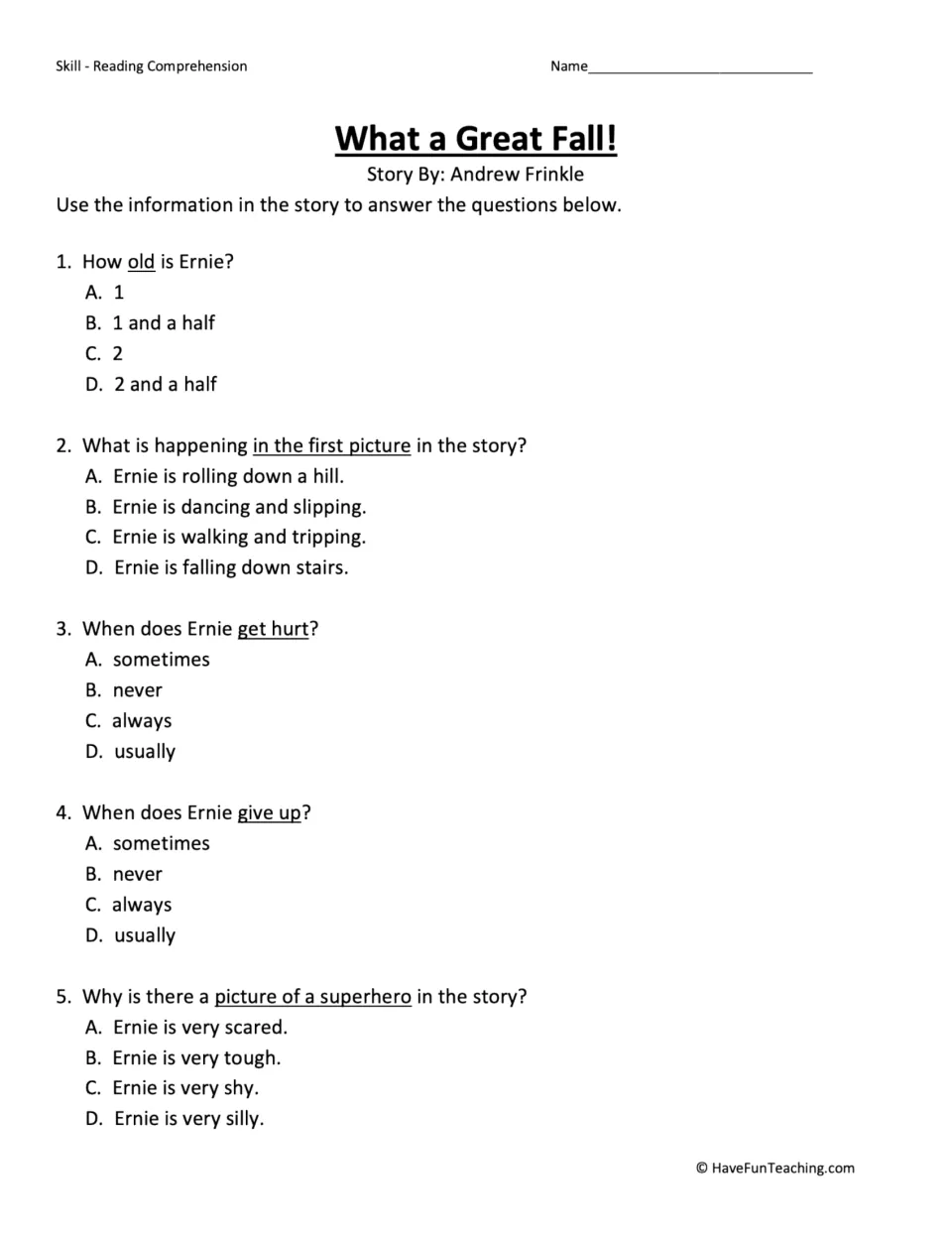 Five multiple-choice questions about Ernie's age, falls, injuries, persistence, and the superhero picture