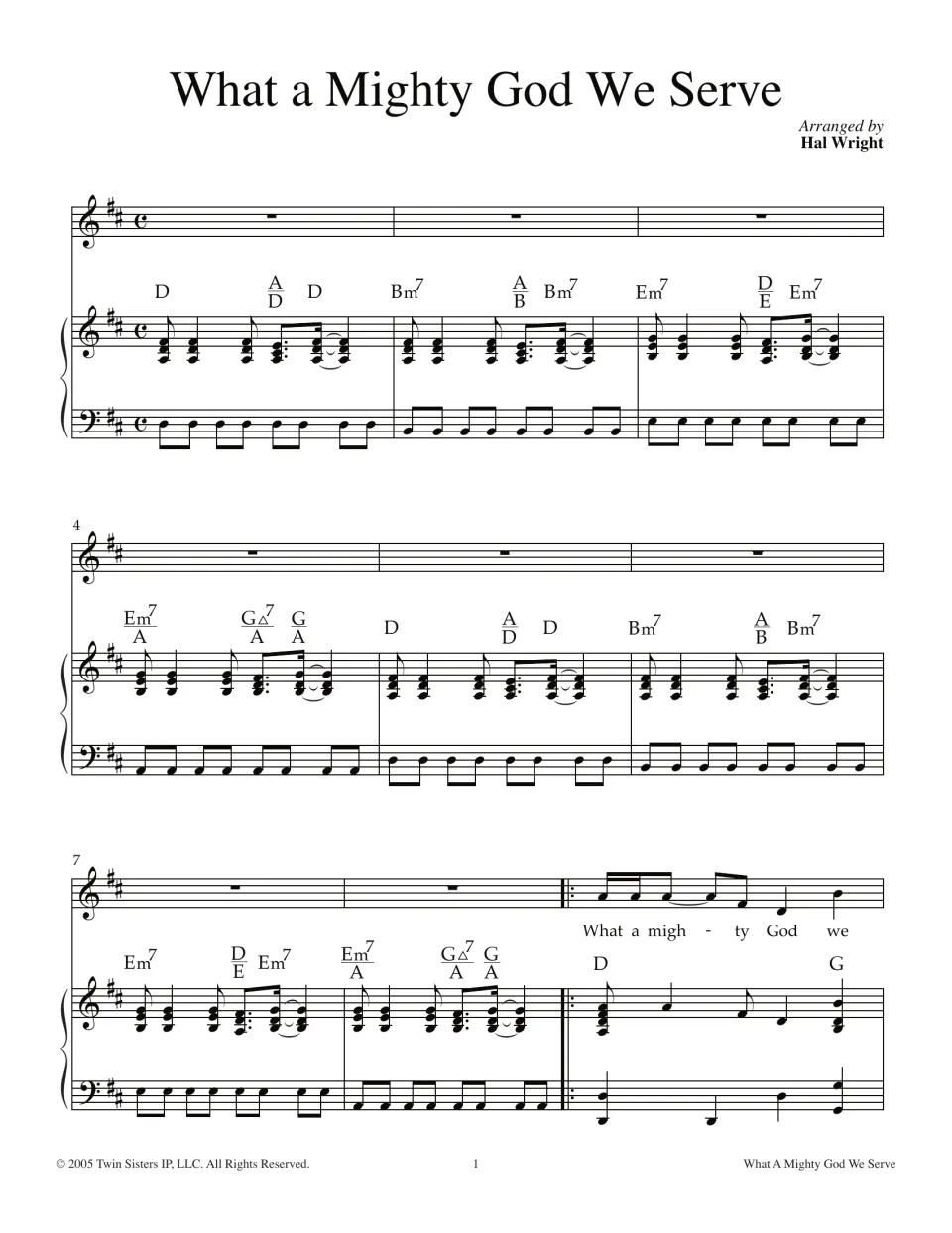 What a Mighty God We Serve, arranged by Hal Wright: piano intro in D with chord symbols; vocals enter at measure 9