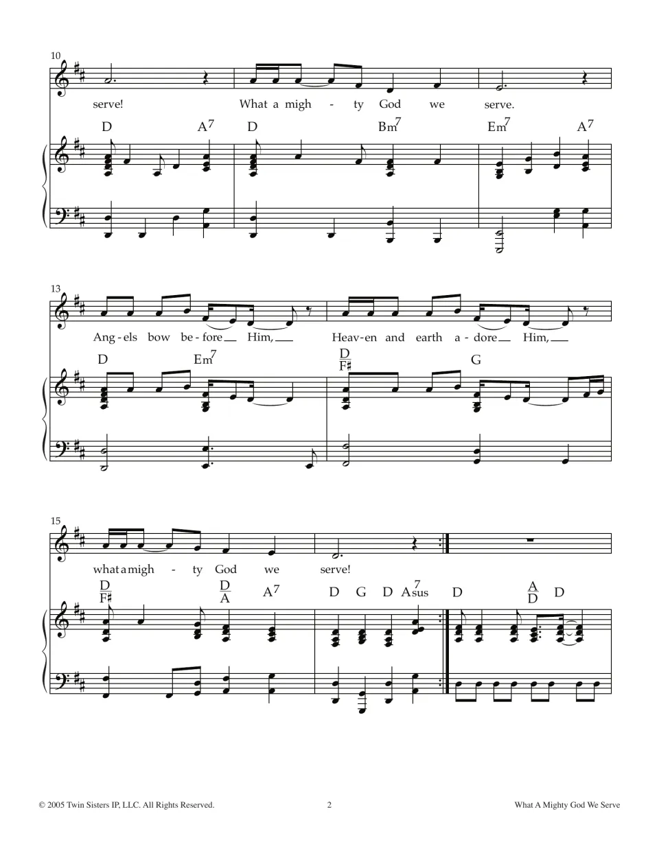 Song melody, measures 10-17: lyrics "Angels bow before Him, Heaven and earth adore Him" sung over piano and chords