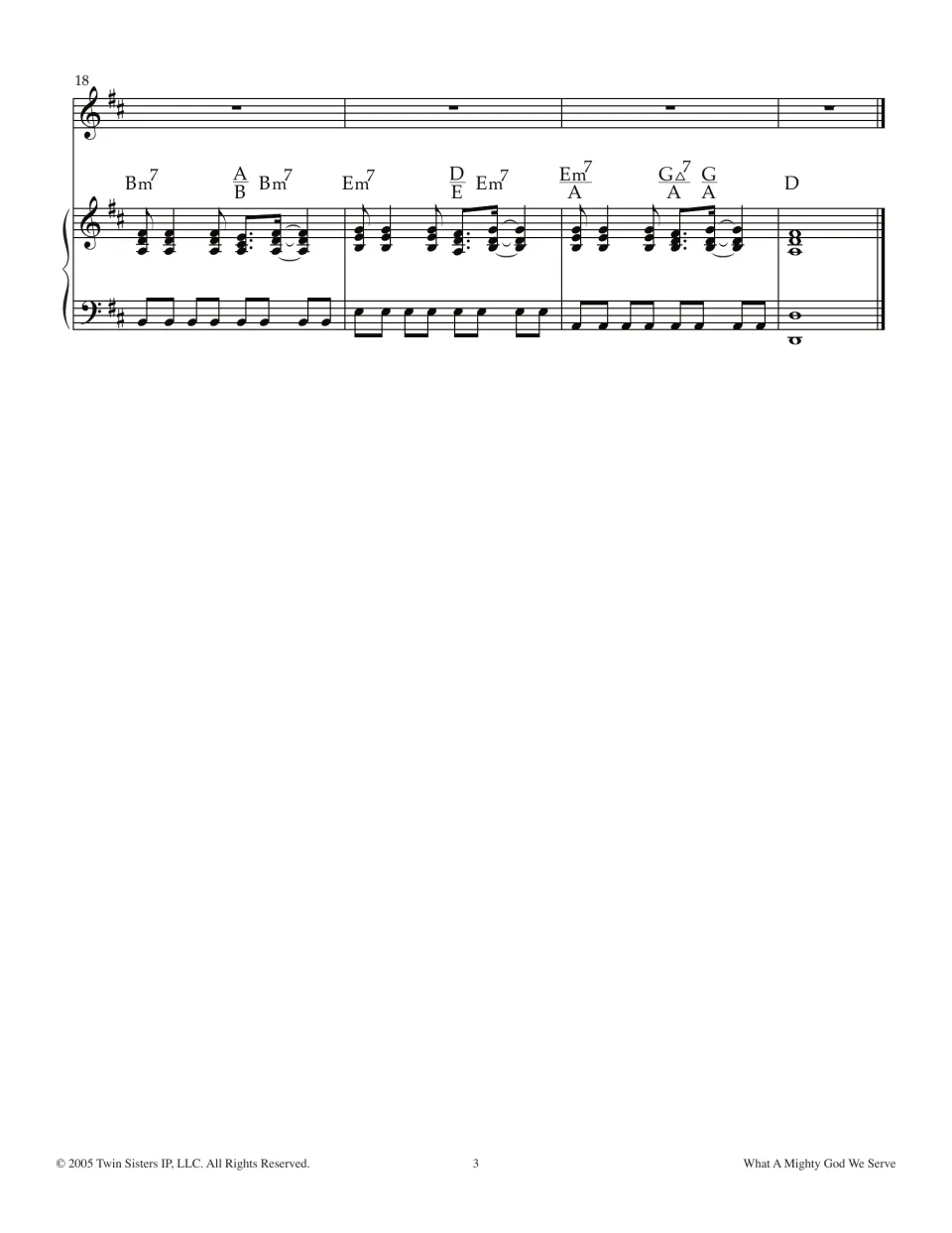 Piano outro, measures 18-21: Bm7, Em7 and G chords over steady bass eighth notes, ending on a held D chord