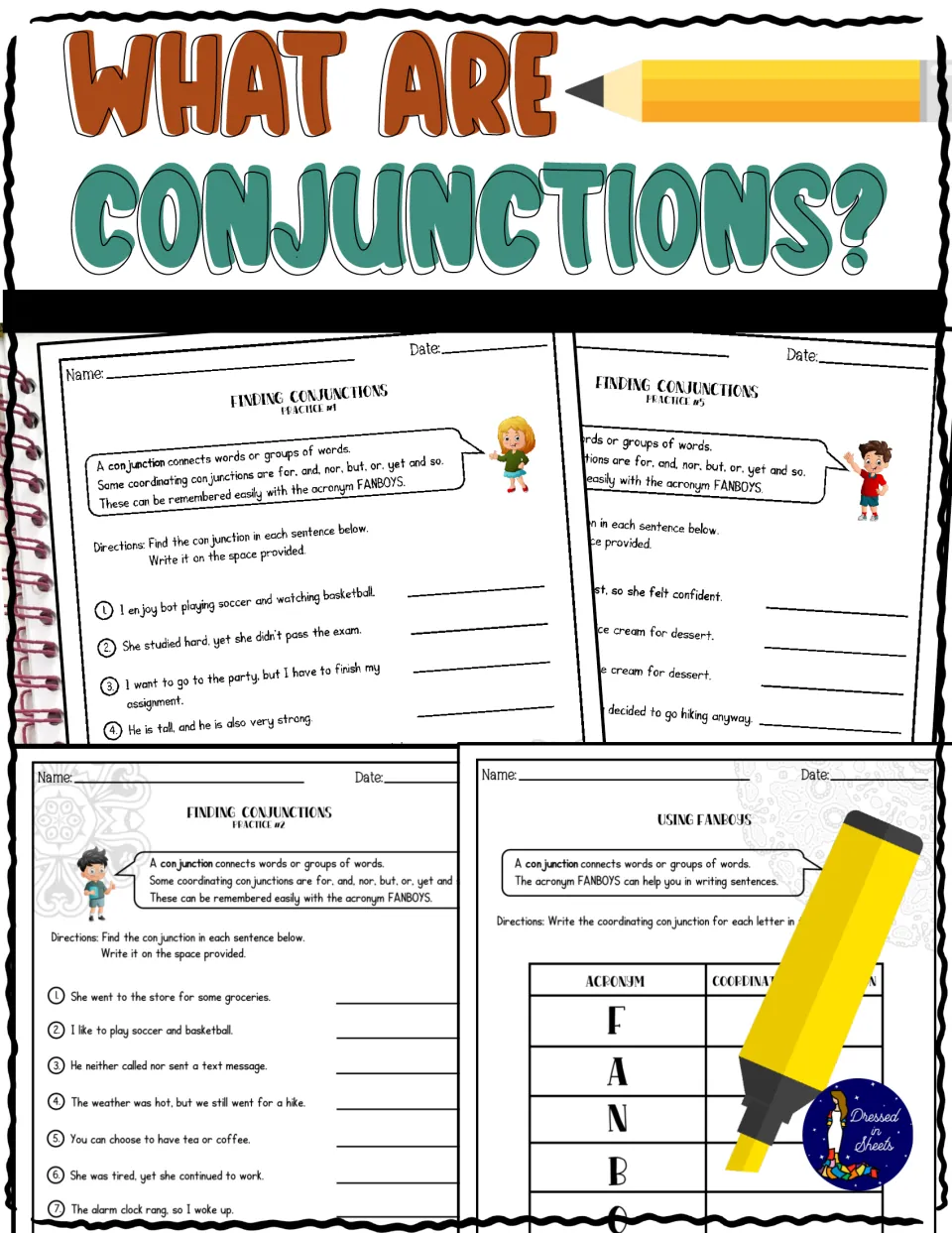 What Are Conjunctions? cover showing Using FANBOYS and Finding Conjunctions Practice #1, #2 and #5 worksheets