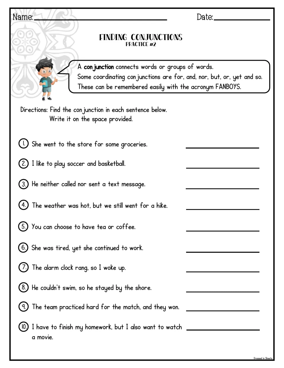 Finding Conjunctions Practice #2: students identify the conjunction in 10 sentences about groceries, tea and a hike