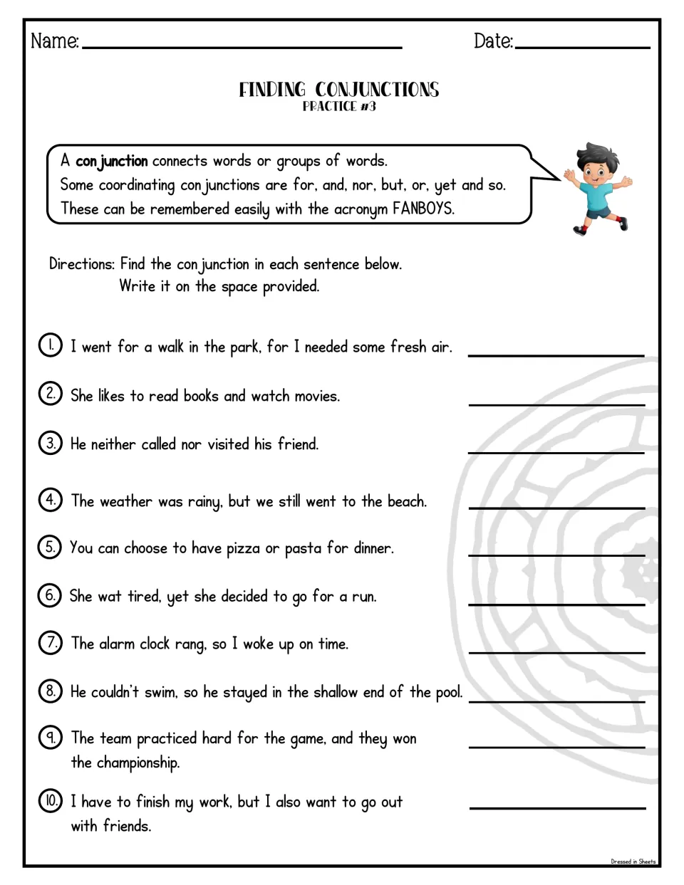Finding Conjunctions Practice #3: students find and write the conjunction in 10 sentences, from a park walk to pasta