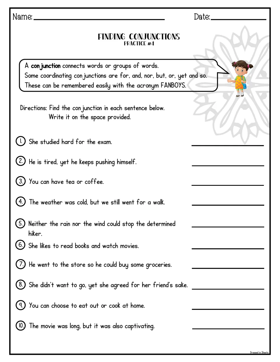 Finding Conjunctions Practice #4: students spot the conjunction in 10 sentences, including neither rain nor wind