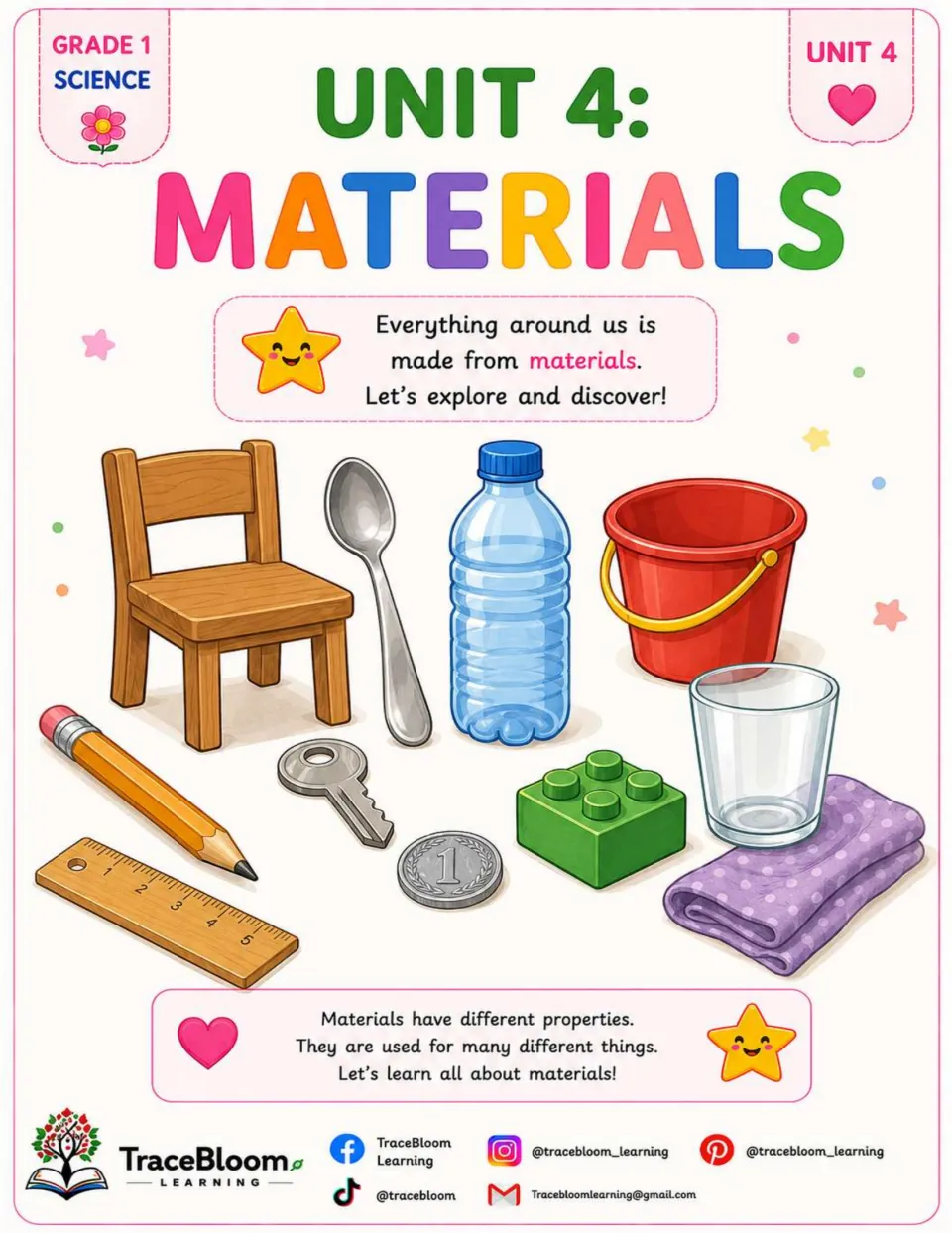 Materials workbook cover for Grade 1 science, showing a wooden chair, metal spoon, plastic bottle, and cup
