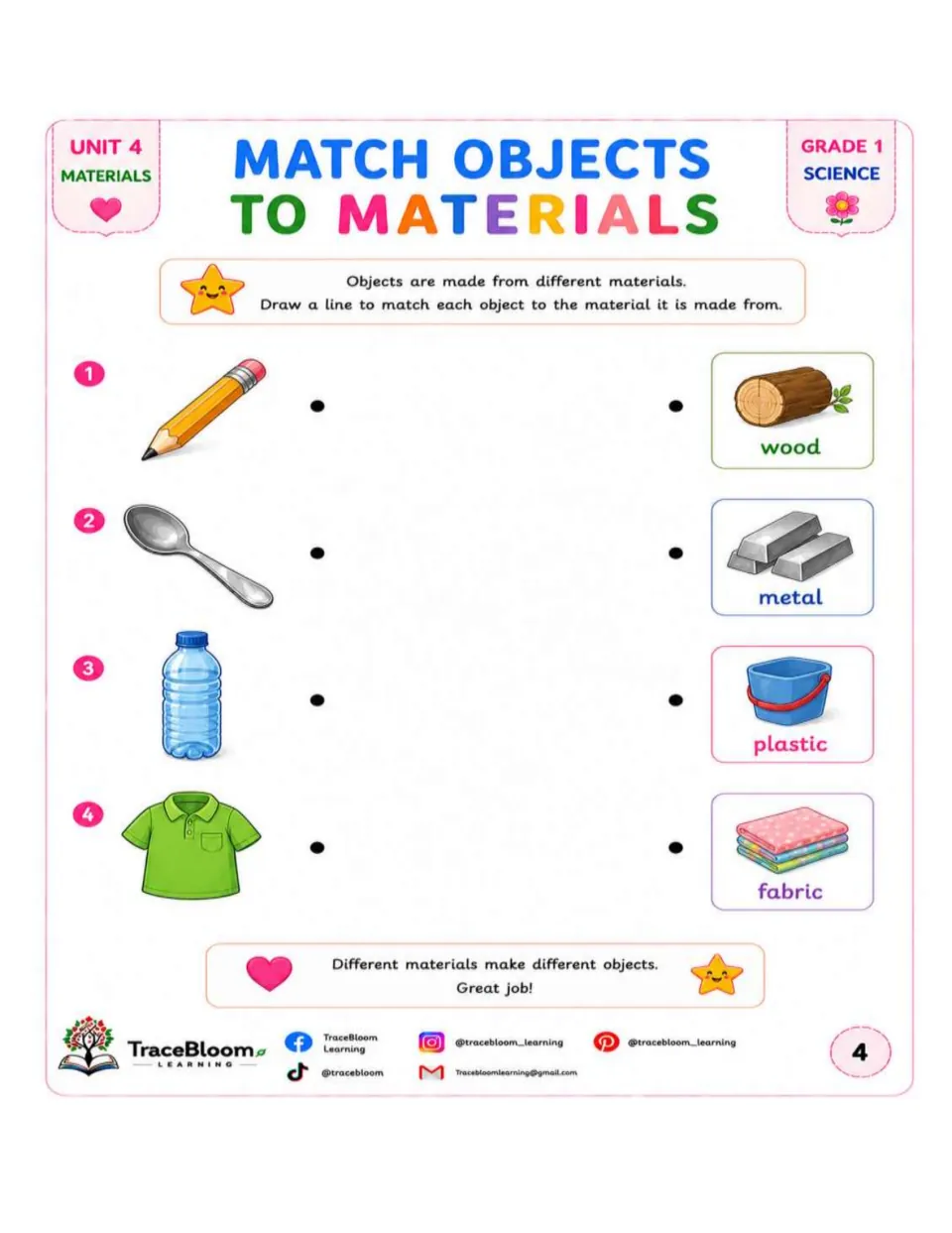 Materials matching activity pairs a pencil, spoon, bottle, and shirt with wood, metal, plastic, and fabric