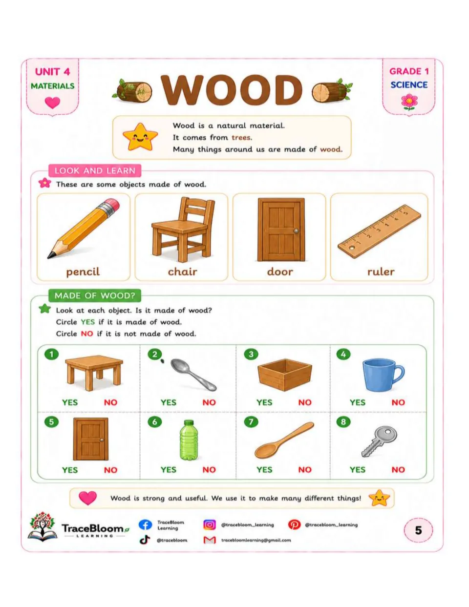 Wood lesson shows a pencil, chair, door, and ruler, followed by eight yes-or-no object identification items