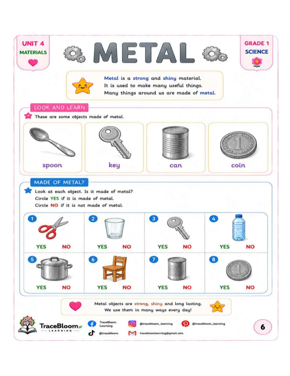 Metal lesson shows a spoon, key, can, and coin, followed by eight yes-or-no object identification items