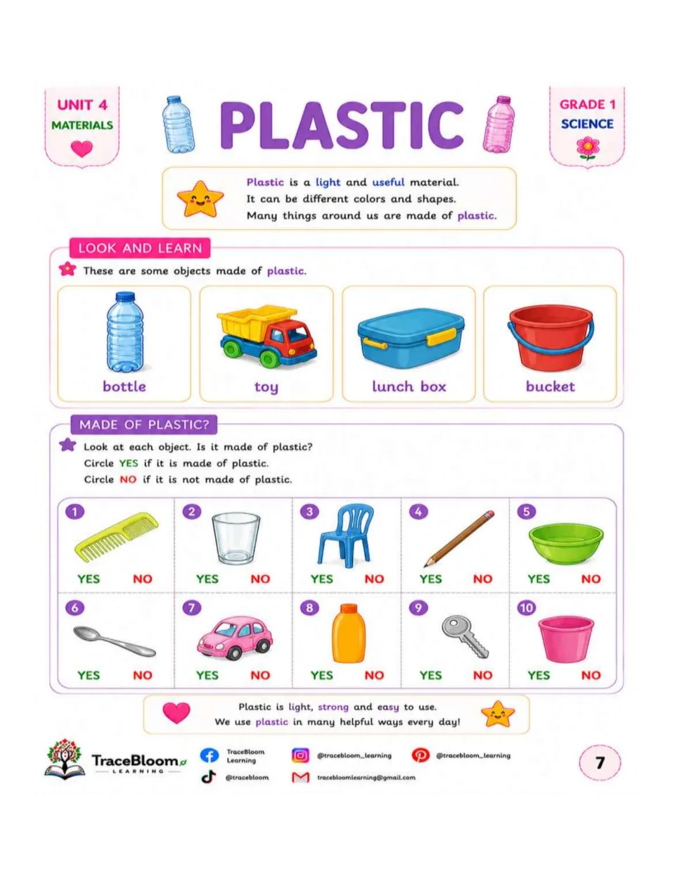 Plastic lesson shows a bottle, toy, lunch box, and bucket, followed by ten yes-or-no identification items