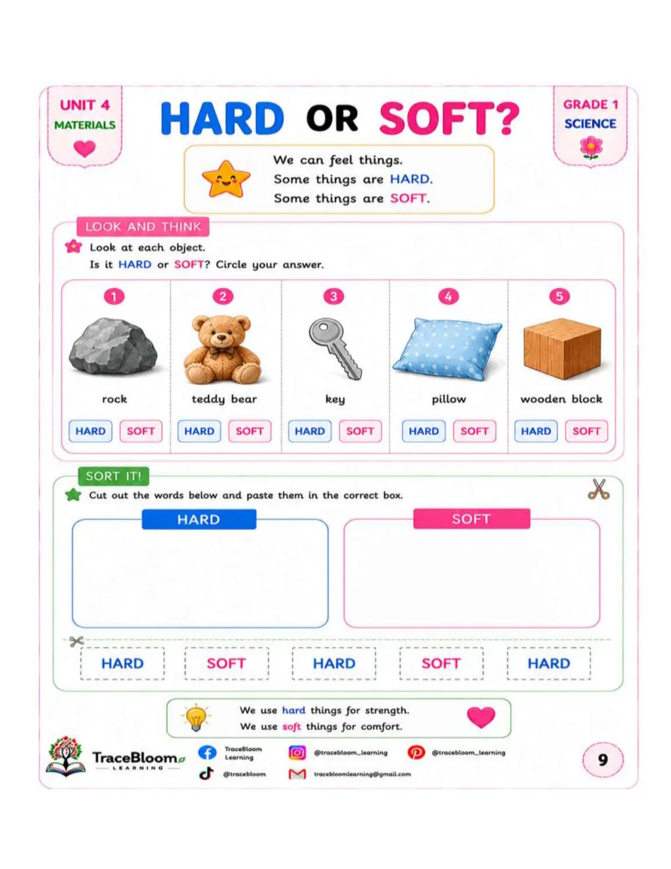 Hard or Soft practice asks students to classify five objects, then cut and paste HARD and SOFT word labels