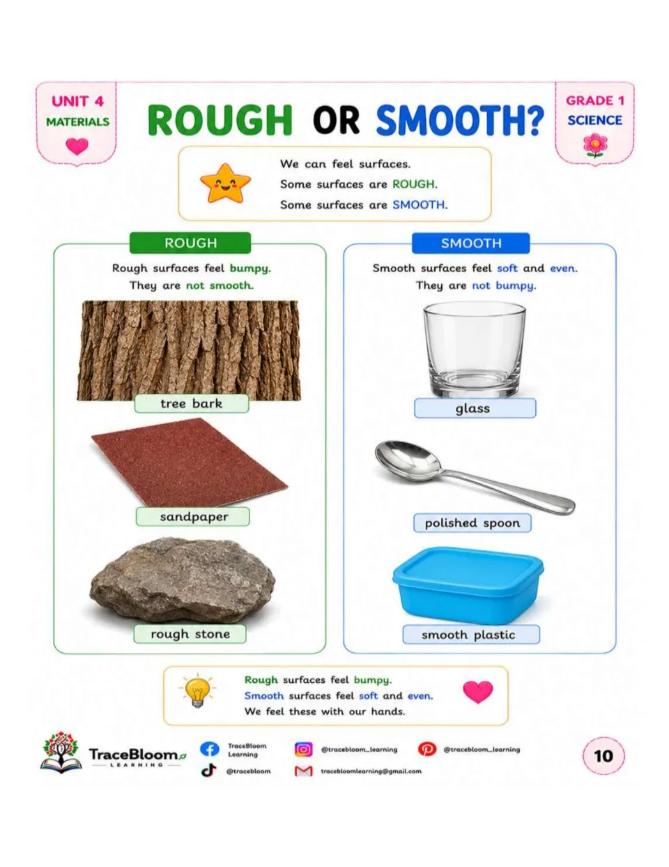 Rough or Smooth lesson compares bark, sandpaper, and rough stone with glass, a spoon, and smooth plastic