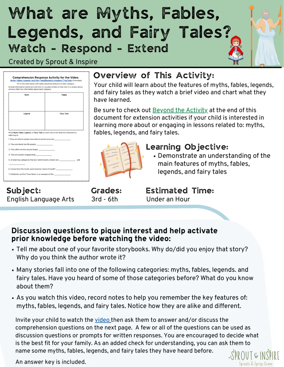 Watch-Respond-Extend cover: video lesson on myths, fables, legends and fairy tales with overview and discussion questions