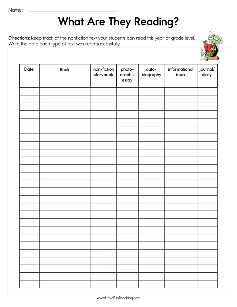 Reading assessment log tracking dates and books: nonfiction storybook, photographic essay, autobiography, and more