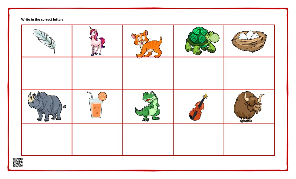Initial letter sounds: students write the correct letter below feather, unicorn, cat, turtle, nest, rhino, violin and yak
