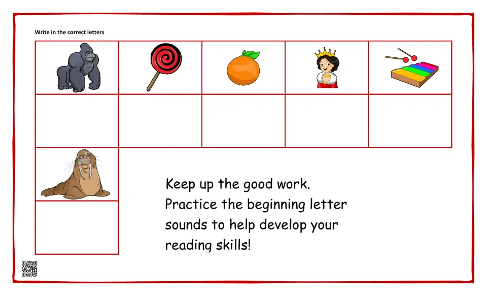 Initial sounds: students write the starting letter for six pictures: gorilla, lollipop, orange, queen, xylophone, walrus
